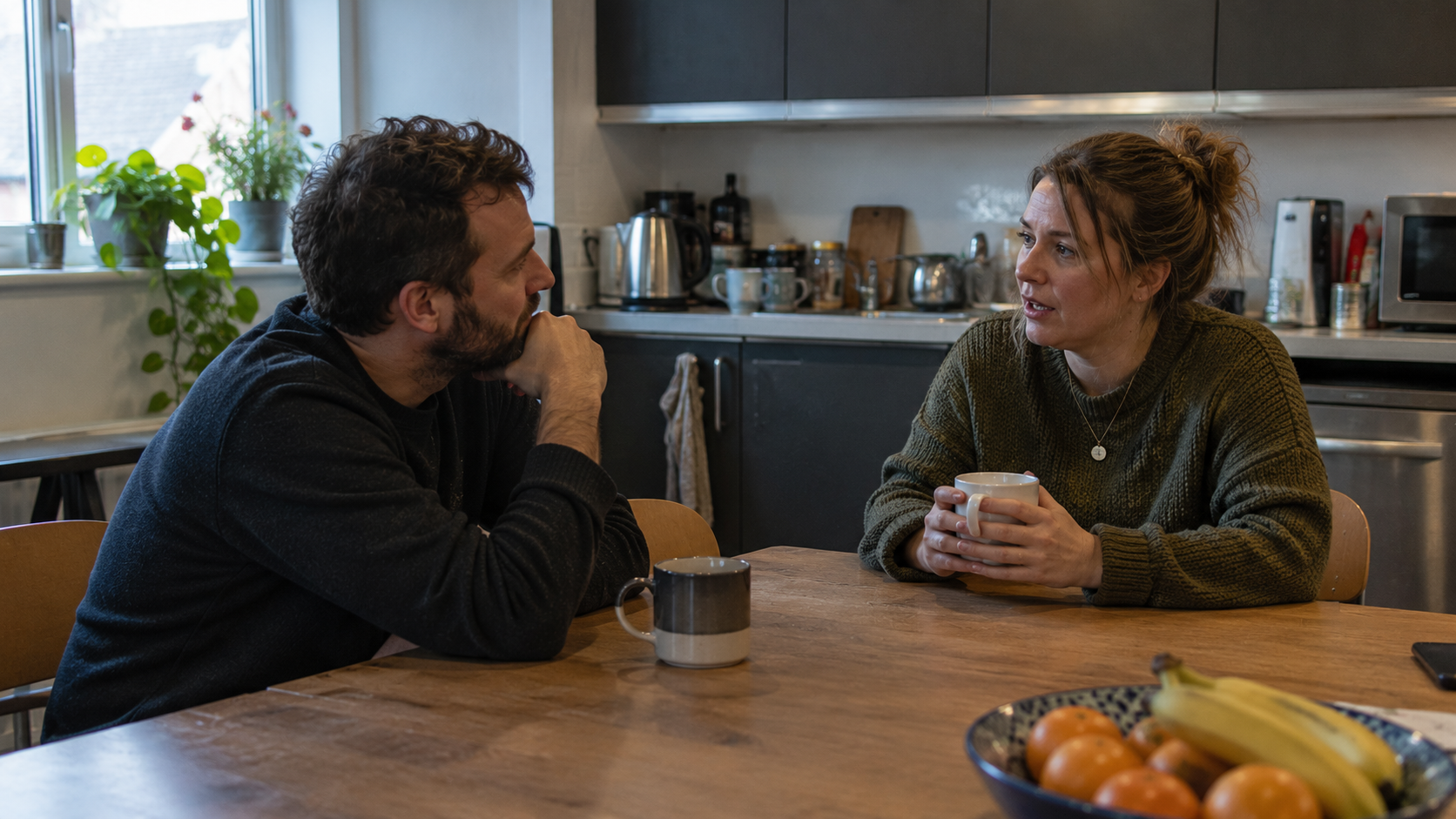 Two people talking at a kitchen table