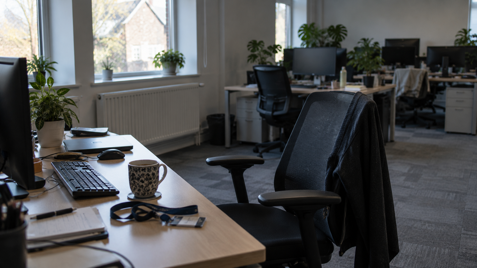 A quiet office workspace in daylight